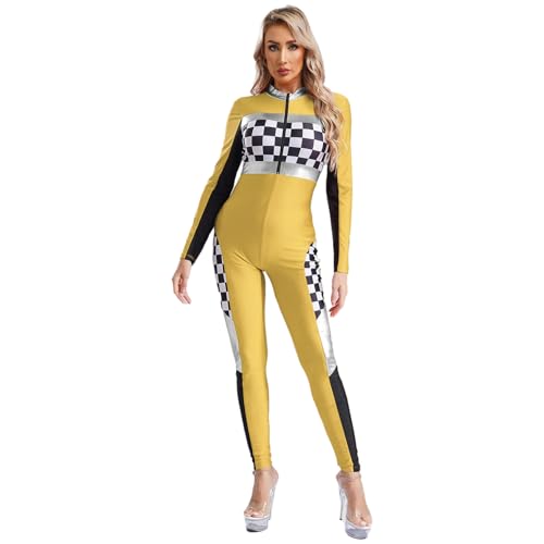 Agoky Damen Rennfahrer Kostüm Langarm Body Lackleder Schachbrett Spleiß Ganzkörperanzug mit Reisverschluss Einteiler Overall Jumpsuit Bodysuit Lang Gelb 3XL von Agoky