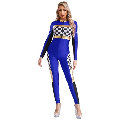 Agoky Damen Rennfahrer Kostüm Langarm Body Lackleder Schachbrett Spleiß Ganzkörperanzug mit Reisverschluss Einteiler Overall Jumpsuit Bodysuit Lang Königsblau 3XL von Agoky