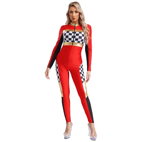 Agoky Damen Rennfahrer Kostüm Langarm Body Lackleder Schachbrett Spleiß Ganzkörperanzug mit Reisverschluss Einteiler Overall Jumpsuit Bodysuit Lang Rot 3XL von Agoky