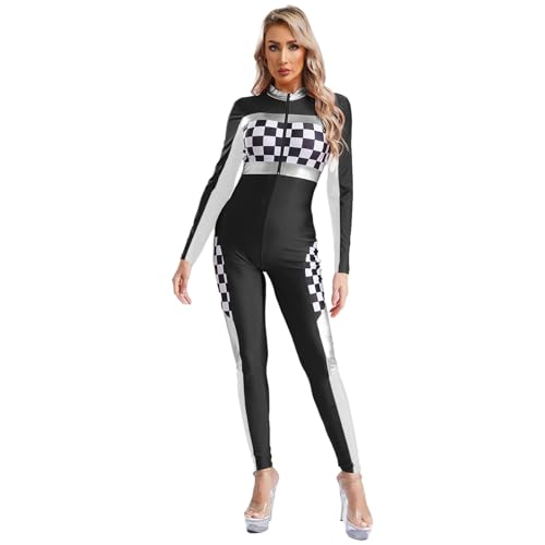 Agoky Damen Rennfahrer Kostüm Langarm Body Lackleder Schachbrett Spleiß Ganzkörperanzug mit Reisverschluss Einteiler Overall Jumpsuit Bodysuit Lang Schwarz 3XL von Agoky