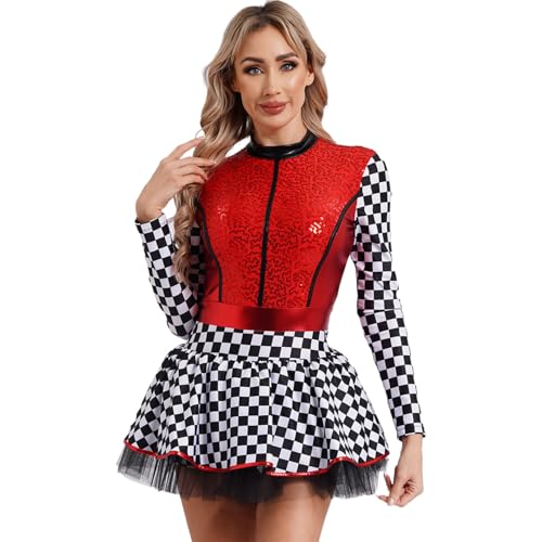 Agoky Damen Rennfahrer Kostüm Langarm Pailletten Kleid Schachbrett Muster Tanzkleider mit Tutu Rock Halloween Cosplay Kostüm Motto Party Outfits Rot 3XL von Agoky