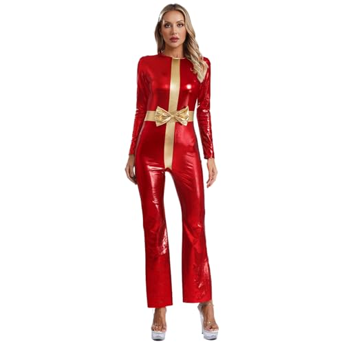 Agoky Damen Weihnachten Kostüm Metallic Ganzkörperanzug Langarm Hosenanzug Rot Grün Farbblock Body Langarmshirt und Lange Hose Xmas Silvester Outfits Rot L von Agoky