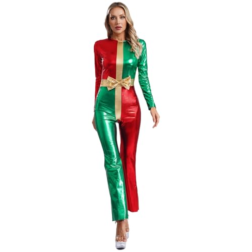 Agoky Damen Weihnachten Kostüm Metallic Ganzkörperanzug Langarm Hosenanzug Rot Grün Farbblock Body Langarmshirt und Lange Hose Xmas Silvester Outfits Rot grün 3XL von Agoky