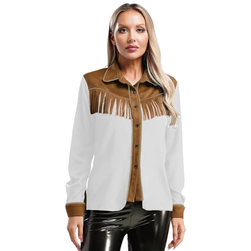 Agoky Damen Western Cowgirl Hemd mit Wildleder Fransen Langarm Bluse Geknöpftes Oberteil Lässig Shirt Farbblock Tunika Top Braun&Elfenbein L von Agoky