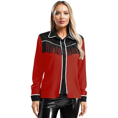 Agoky Damen Western Cowgirl Hemd mit Wildleder Fransen Langarm Bluse Geknöpftes Oberteil Lässig Shirt Farbblock Tunika Top Schwarz Rot XXL von Agoky