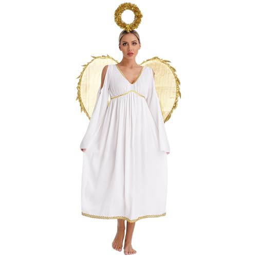 Agoky Damen Zauberhafter Engel Kostüm Weihnachtsengel Cosplay Uniform Langarm Tunika Kleid Toga mit Heiligenschein Flügel Motto Party Outfits Gold 3XL von Agoky