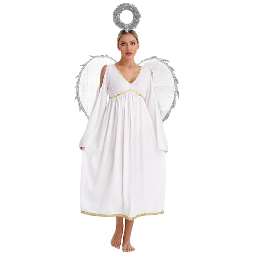 Agoky Damen Zauberhafter Engel Kostüm Weihnachtsengel Cosplay Uniform Langarm Tunika Kleid Toga mit Heiligenschein Flügel Motto Party Outfits Silber 3XL von Agoky