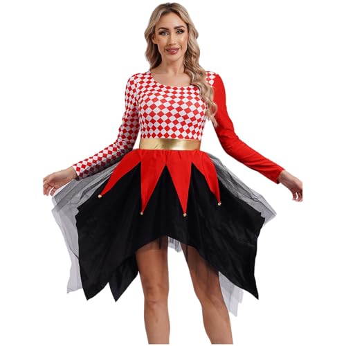 Agoky Damen Zirkus Clown Kostüm Langarm Kleid Schachbrett Muster Top und Unregelmäßig Tutu Rock Halloween Cosplay Outfits gr. S-3XL Rot 3XL von Agoky