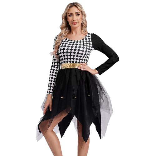 Agoky Damen Zirkus Clown Kostüm Langarm Kleid Schachbrett Muster Top und Unregelmäßig Tutu Rock Halloween Cosplay Outfits gr. S-3XL Schwarz 3XL von Agoky