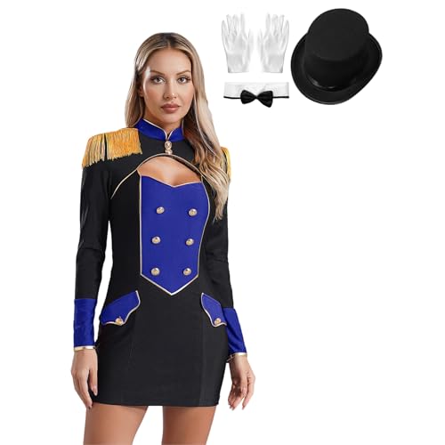 Agoky Damen Zirkus Kostüm Langarm Bodycon Party Kleid Ringmaster Uniform mit Gentleman Hut Handschuhe und Fliege Halloween Cosplay Outfits Blau S von Agoky