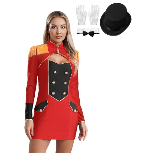 Agoky Damen Zirkus Kostüm Langarm Bodycon Party Kleid Ringmaster Uniform mit Gentleman Hut Handschuhe und Fliege Halloween Cosplay Outfits Rot 3XL von Agoky