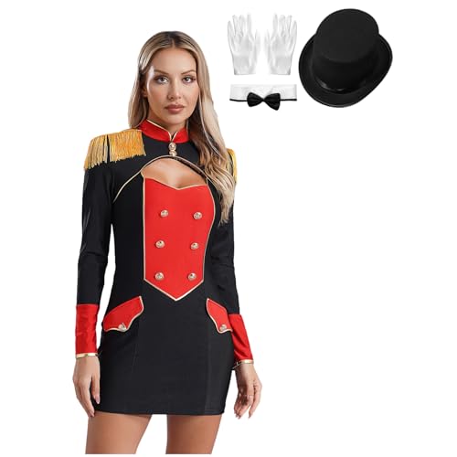 Agoky Damen Zirkus Kostüm Langarm Bodycon Party Kleid Ringmaster Uniform mit Gentleman Hut Handschuhe und Fliege Halloween Cosplay Outfits Schwarz 3XL von Agoky