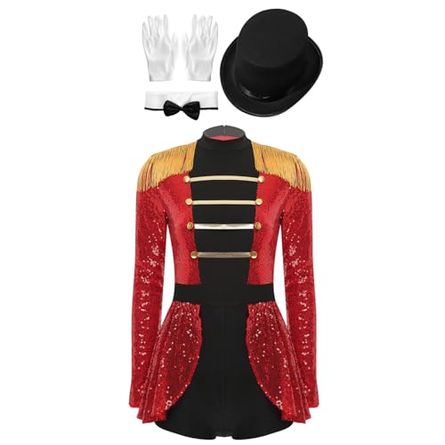 Agoky Damen Zirkus Kostüm Langarm Pailletten Kleid Ringmaster Uniform mit Gentleman Hut Handschuhe und Fliege Halloween Cosplay Outfits Rot 3XL von Agoky