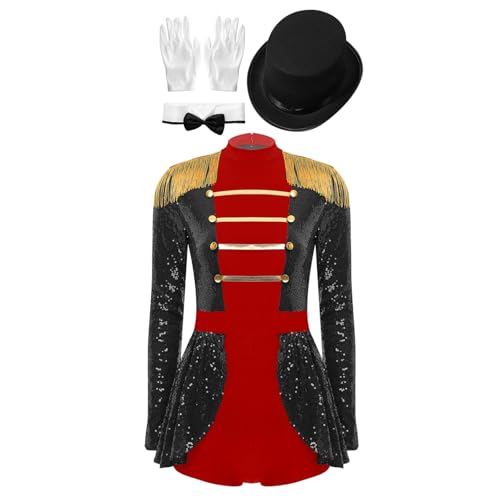 Agoky Damen Zirkus Kostüm Langarm Pailletten Kleid Ringmaster Uniform mit Gentleman Hut Handschuhe und Fliege Halloween Cosplay Outfits Schwarz L von Agoky