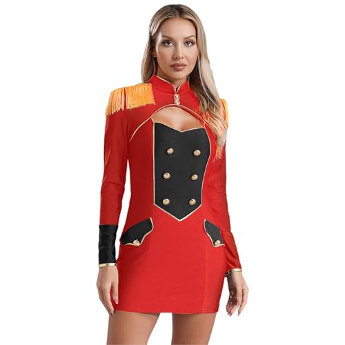 Agoky Damen Zirkus Ringmaster Kostüm Langarm Slim Fit Bodycon Stehkragen Kleid mit Schulterstücke Fransen Vintage Uniformen mit Knöpfe und Cutout gr. S-3XL Rot L von Agoky