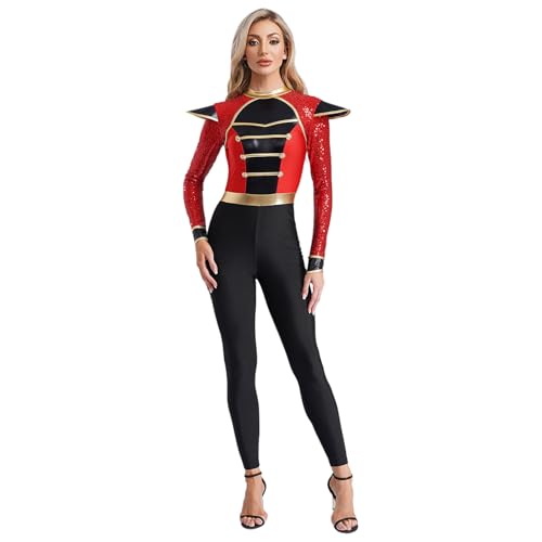 Agoky Damen Zirkusdirektor Kostüm Ganzkörperanzug Langarm Pailletten Top mit 3D Muster und Lange Hose Skinny Pants Einteiler Cosplay Outfits Rot 3XL von Agoky