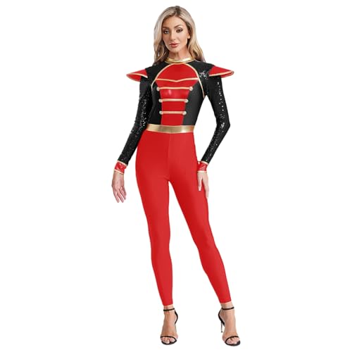 Agoky Damen Zirkusdirektor Kostüm Ganzkörperanzug Langarm Pailletten Top mit 3D Muster und Lange Hose Skinny Pants Einteiler Cosplay Outfits Schwarz 3XL von Agoky