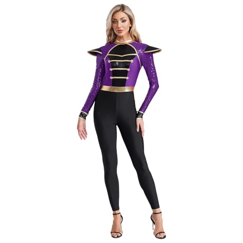 Agoky Damen Zirkusdirektor Kostüm Ganzkörperanzug Langarm Pailletten Top mit 3D Muster und Lange Hose Skinny Pants Einteiler Cosplay Outfits Violett 3XL von Agoky