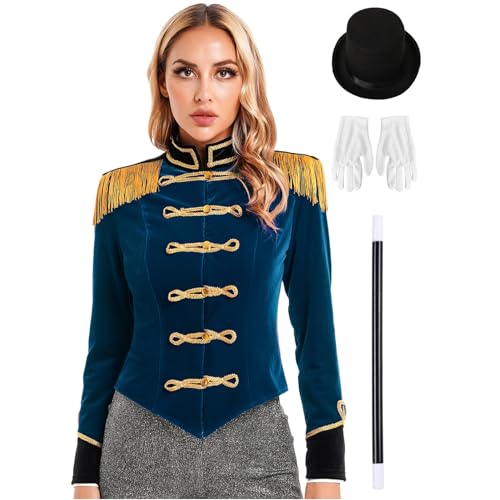 Agoky Damen Zirkusdirektor Kostüm Samt Anzug Jacke mit Fransen Schulterstücke + Hut Handschuhe Zauberstab für Musical Parade Zirkus Uniform Dunkelblau 3XL von Agoky