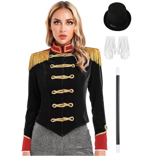 Agoky Damen Zirkusdirektor Kostüm Samt Anzug Jacke mit Fransen Schulterstücke + Hut Handschuhe Zauberstab für Musical Parade Zirkus Uniform Schwarz 3XL von Agoky