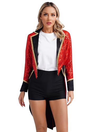 Agoky Damen Zirkusdirektor Kostüm Zirkus Frack Steampunk Mittelalter Pailletten Jacke Viktorianische Oberbekleidung mit Revers Kragen Showfrau Outfits Rot M von Agoky