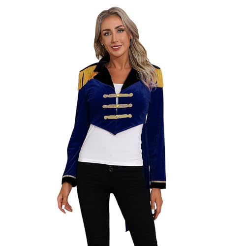 Agoky Damen Zirkusdirektor Kostüm Zirkus Frack Vorne Kurz Hinten Lang Jacke Mantel mit Schulterstücke Elegant Showfrau Outfits Navy blau XL von Agoky