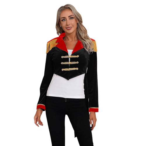 Agoky Damen Zirkusdirektor Kostüm Zirkus Frack Vorne Kurz Hinten Lang Jacke Mantel mit Schulterstücke Elegant Showfrau Outfits Schwarz 3XL von Agoky