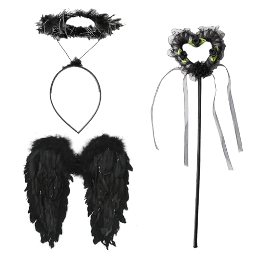 Agoky Engelsflügel Kostüm Accessoire Feder Engelsflügel mit Heiligenschein Feenstab Set Feenflügel Engel Dämon Cosplay Karneval Mottoparty Fotografie Schwarz One Size von Agoky