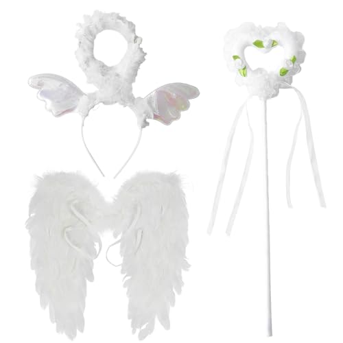 Agoky Engelsflügel Kostüm Accessoire Feder Engelsflügel mit Heiligenschein Feenstab Set Feenflügel Engel Dämon Cosplay Karneval Mottoparty Fotografie Weiß B One Size von Agoky