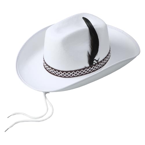 Agoky Erwachsene Filz Cowboyhut mit Feder Western Breite Krempe Cowgirlhut Disco Kappe Performance Dance Requisiten Weiß One Size von Agoky