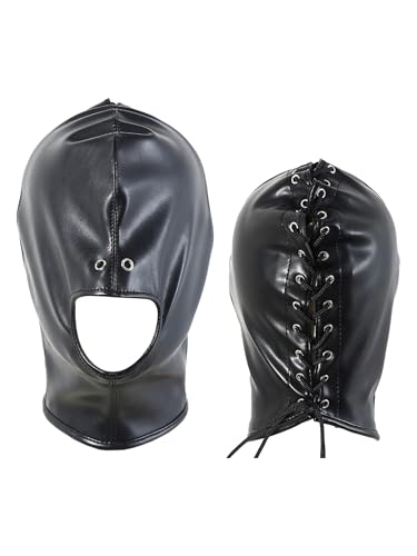 Agoky Erwachsene Spielzeug Kopfmaske Clubwear Maske Kunstleder Full Cover Gesichtsmaske Reizvoll Kopfhaube Cosplay Kopfbedeckung Schwarz A One Size von Agoky