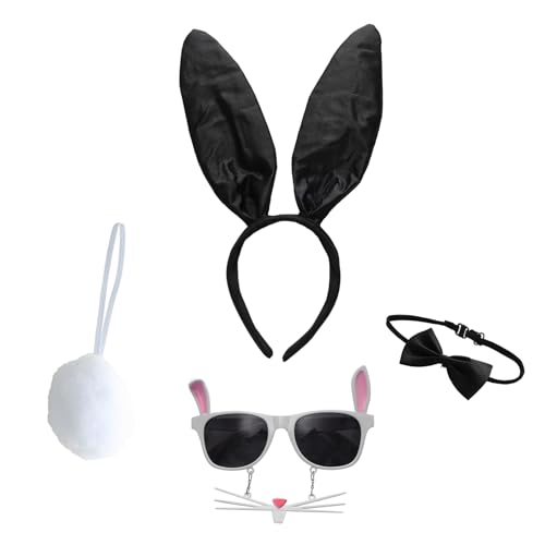 Agoky Halloween Bunny Set Hasenohren Haarreif Fliege Fake Kragen Bunny Brille Manschetten Schwanz Kaninchen Cosplay Party Fasching Kostüm 4 Stück Schwarz One Size von Agoky