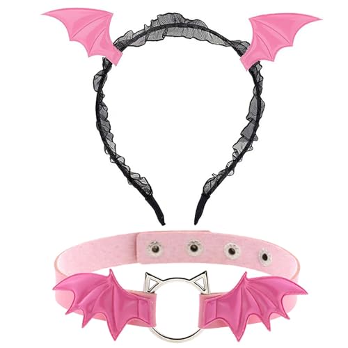 Agoky Halloween Dämon Teufel Kostüm Zubehör Set Teufel Stirnband mit Fledermausflügel Deko Punk Halskette Karneval Halloween Cosplay Kostüm Requisiten Rosa One Size von Agoky