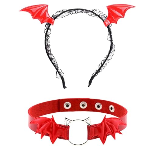 Agoky Halloween Dämon Teufel Kostüm Zubehör Set Teufel Stirnband mit Fledermausflügel Deko Punk Halskette Karneval Halloween Cosplay Kostüm Requisiten Rot One Size von Agoky