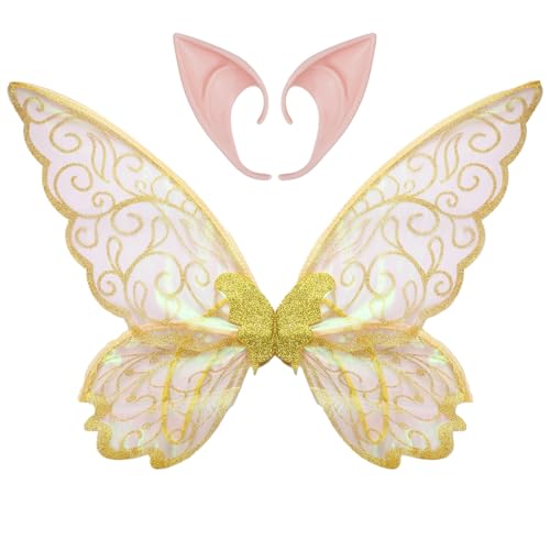 Agoky Halloween Fee Elfenohren mit Glänzenden Farbverlauf Schmetterling Fee Flügel Set Prinzessin Feenflügel Spitzohren Elfenflügel Party Maskerade Cosplay Gelb One Size von Agoky