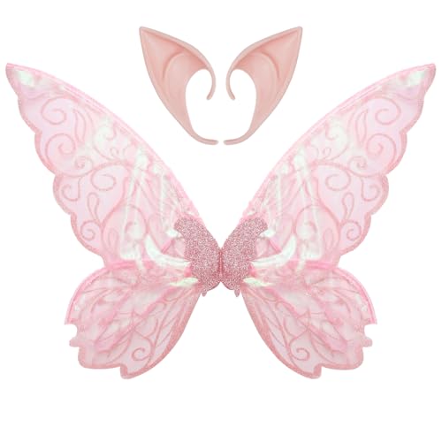 Agoky Halloween Fee Elfenohren mit Glänzenden Farbverlauf Schmetterling Fee Flügel Set Prinzessin Feenflügel Spitzohren Elfenflügel Party Maskerade Cosplay Rosa One Size von Agoky