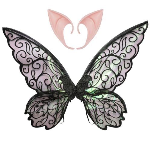 Agoky Halloween Fee Elfenohren mit Glänzenden Farbverlauf Schmetterling Fee Flügel Set Prinzessin Feenflügel Spitzohren Elfenflügel Party Maskerade Cosplay Schwarz One Size von Agoky