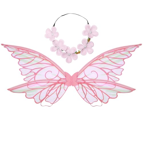 Agoky Halloween Feenflügel mit Kranz Stirnband Set Farbverlauf Tüll Engelsflügel Märchenhaft Elfenflügel Maskerade Cosplay Fasching Karneval Rosa One Size von Agoky