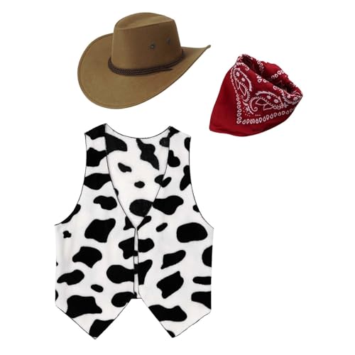 Agoky Halloween Herren Western Cowboy Kostüm Zubehör Westernhut Halstuch Cowboy Ärmellos Flanellweste mit Kuhflecken Cosplay Mottoparty Karneval Rot&Kaffee 3XL von Agoky