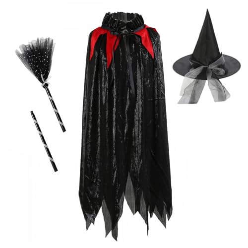 Agoky Halloween Kinder Hexen Cosplay Zubehör Hexenhut mit Zauber Umhang Fliegend Besen Mädchen Junge Hexenkostüm Karneval Cosplay Maskerade Party Schwarz One Size von Agoky