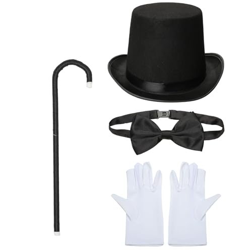 Agoky Halloween Kinderkostüm Magier Zylinder Top Hut Fliege Handschuhe Gehstock Set Zauberer Ringmaster Cosplay Kostüm Fasching Party Schwarz One Size von Agoky