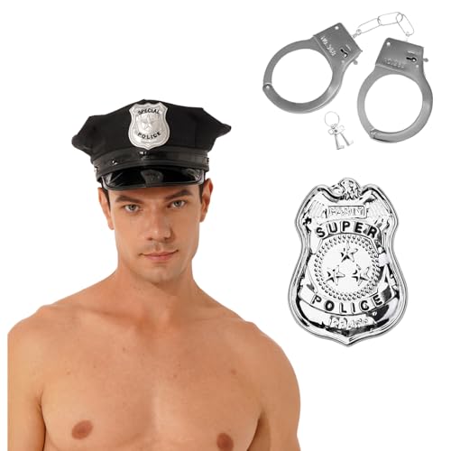 Agoky Halloween Polizei Kostüm Zubehör Set Polizeimütze Cop Handschellen Abzeichen Kopfbedeckung für Polizist Detective Cosplay Karneval Kostüm Schwarz Typ A One Size von Agoky