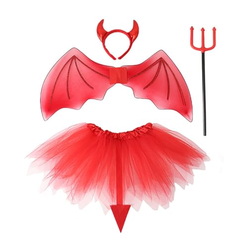 Agoky Halloween Teufel Cosplay Kostüm Teufel Flügel Dreizack Devil Horn Stirnband Mesh Rock Halloween Cosplay Karneval Requisiten für Kinder Rot One Size von Agoky