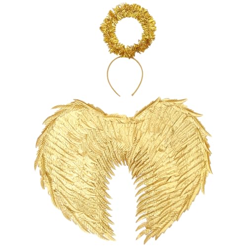 Agoky Halloween Weihnachten Glitter Engelsflügel mit Heiligenschein Haarreif Feenflügel Angel Wings Cosplay Karneval Kostüm Fotografie Gold One Size von Agoky