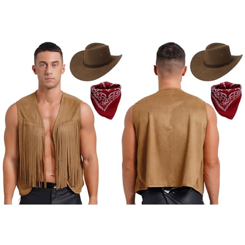 Agoky Halloween Western Cowboy Kostüm Zubehör Westernhut Halstuch Cowboy Ärmellos Weste Cosplay Mottoparty Karneval Requisiten Braun S von Agoky