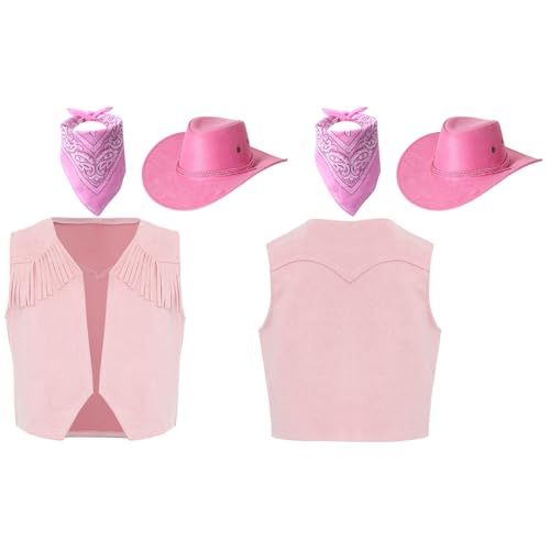 Agoky Halloween Western Cowboy Kostüm Zubehör Westernhut Halstuch Cowboy Ärmellos Weste Kinder Cosplay Mottoparty Karneval Requisiten Rosa 170 von Agoky