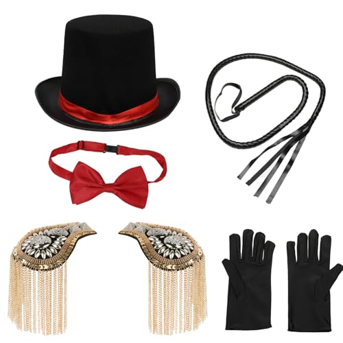 Agoky Halloween Zirkus Ringmaster Cosplay Kostüm Zylinder Top Hut Schulter Epauletten Handschuhe Fliege Gehstock Peitsche Zauberer Cosplay Mottoparty Typ D One Size von Agoky