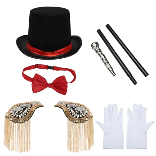 Agoky Halloween Zirkus Ringmaster Cosplay Kostüm Zylinder Top Hut Schulter Epauletten Handschuhe Fliege Gehstock Peitsche Zauberer Cosplay Mottoparty Typ F One Size von Agoky