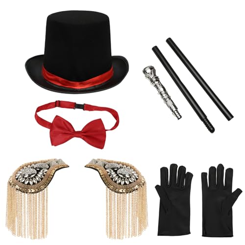 Agoky Halloween Zirkus Ringmaster Cosplay Kostüm Zylinder Top Hut Schulter Epauletten Handschuhe Fliege Gehstock Peitsche Zauberer Cosplay Mottoparty Typ G One Size von Agoky