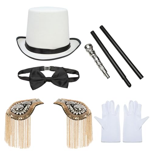 Agoky Halloween Zirkus Ringmaster Cosplay Kostüm Zylinder Top Hut Schulter Epauletten Handschuhe Fliege Gehstock Peitsche Zauberer Cosplay Mottoparty Typ K One Size von Agoky